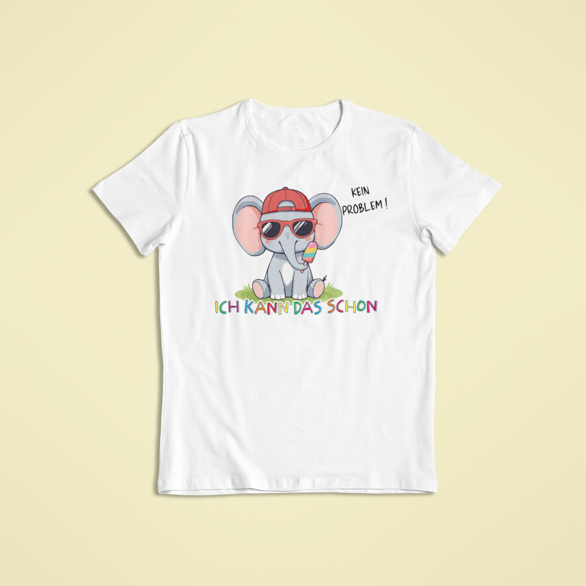 Kinder T-Shirt weiß mit Eddy dem Elefanten und Affirmation „Ich kann das schon“ – Sinachtsam Affirmations Kleidung für Kinder