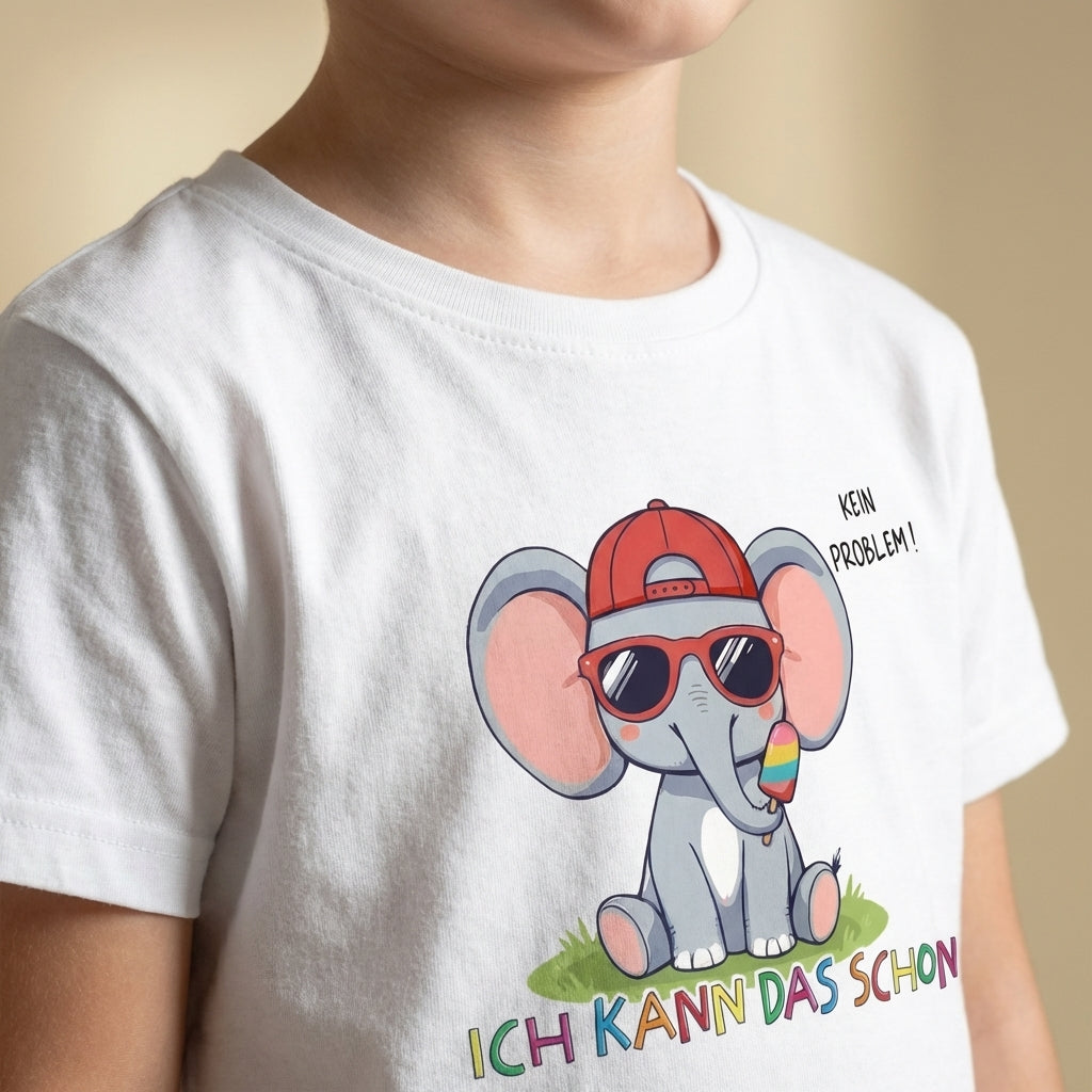 Detailaufnahme Eddy Elefant Print mit Affirmation „Ich kann das schon“ auf Sinachtsam Kinder T-Shirt