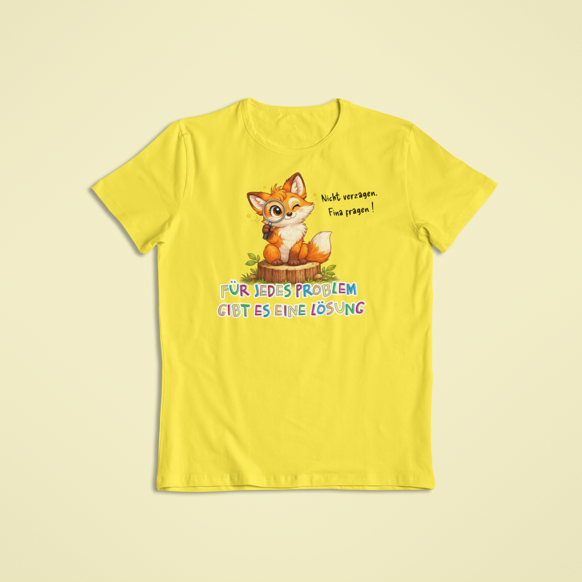 Kinder T-Shirt gelb mit Fina dem Fuchs und Affirmation „Für jedes Problem gibt es eine Lösung“ – Sinachtsam Kinder Kleidung mit positivem Glaubenssatz