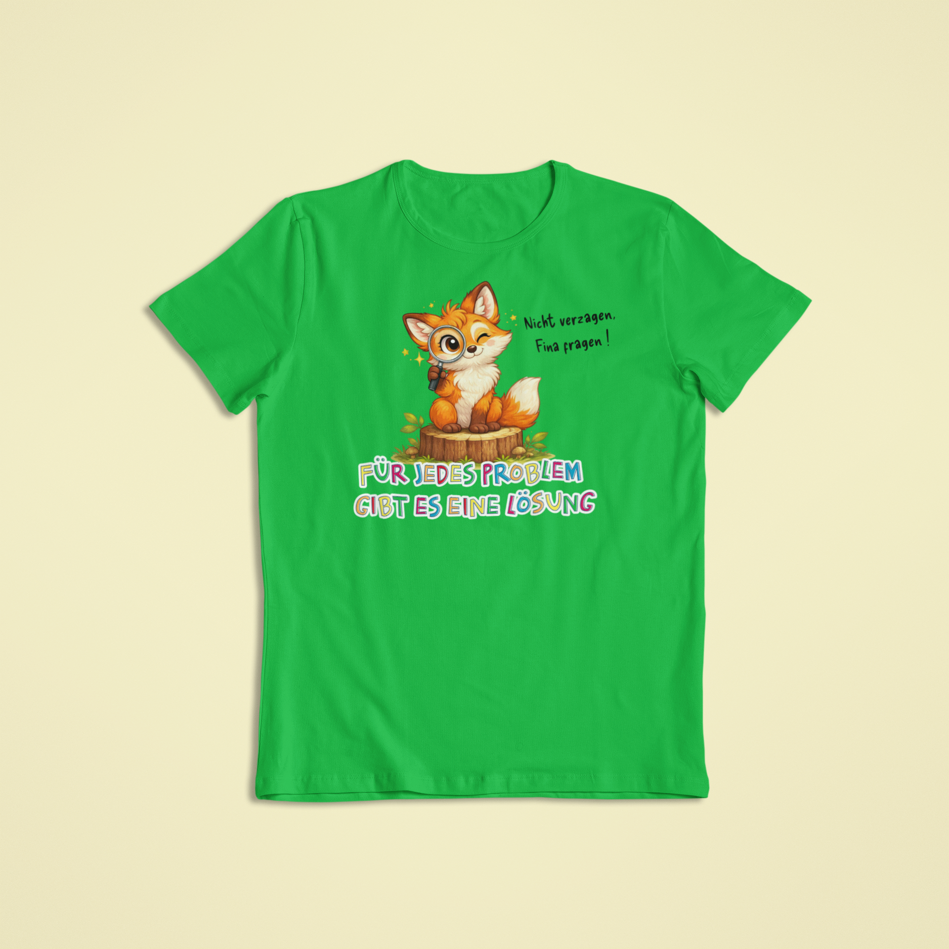 Kinder T-Shirt grün mit Fina dem Fuchs und Affirmation „Für jedes Problem gibt es eine Lösung“ – Affirmations Kleidung für Kinder