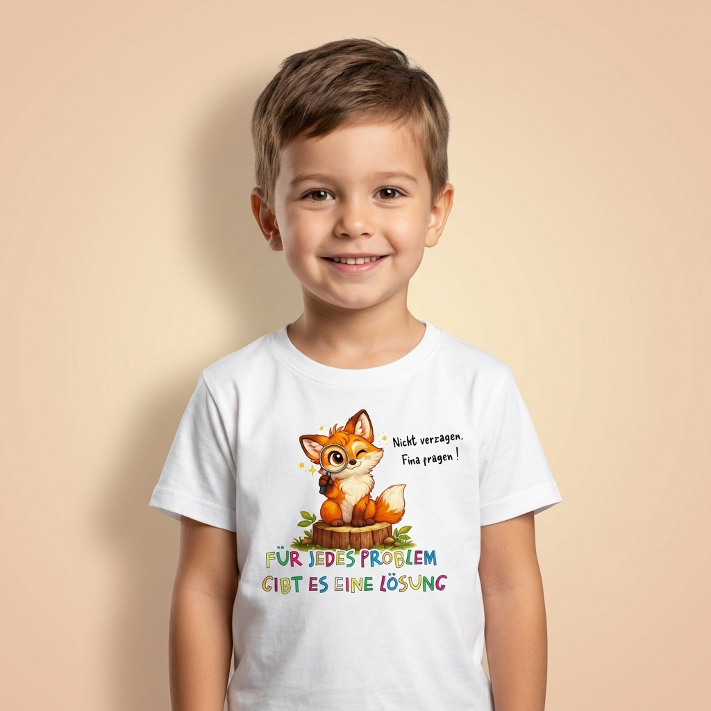 Kind trägt Sinachtsam Kinder T-Shirt mit Fina dem Fuchs und Affirmation „Für jedes Problem gibt es eine Lösung“
