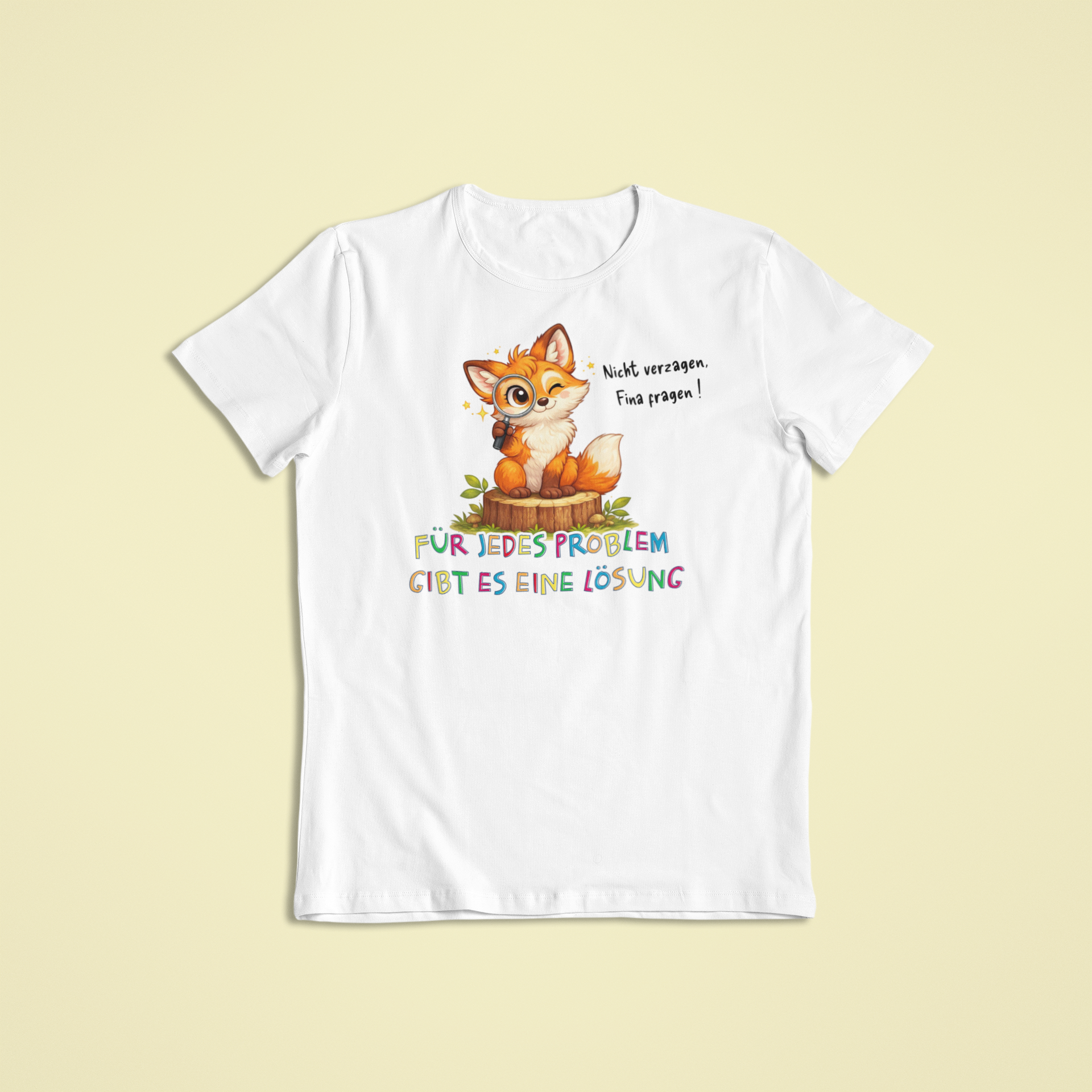 Kinder T-Shirt weiß mit Fina dem Fuchs und Affirmation „Für jedes Problem gibt es eine Lösung“ – Sinachtsam Kinder Affirmations Shirt