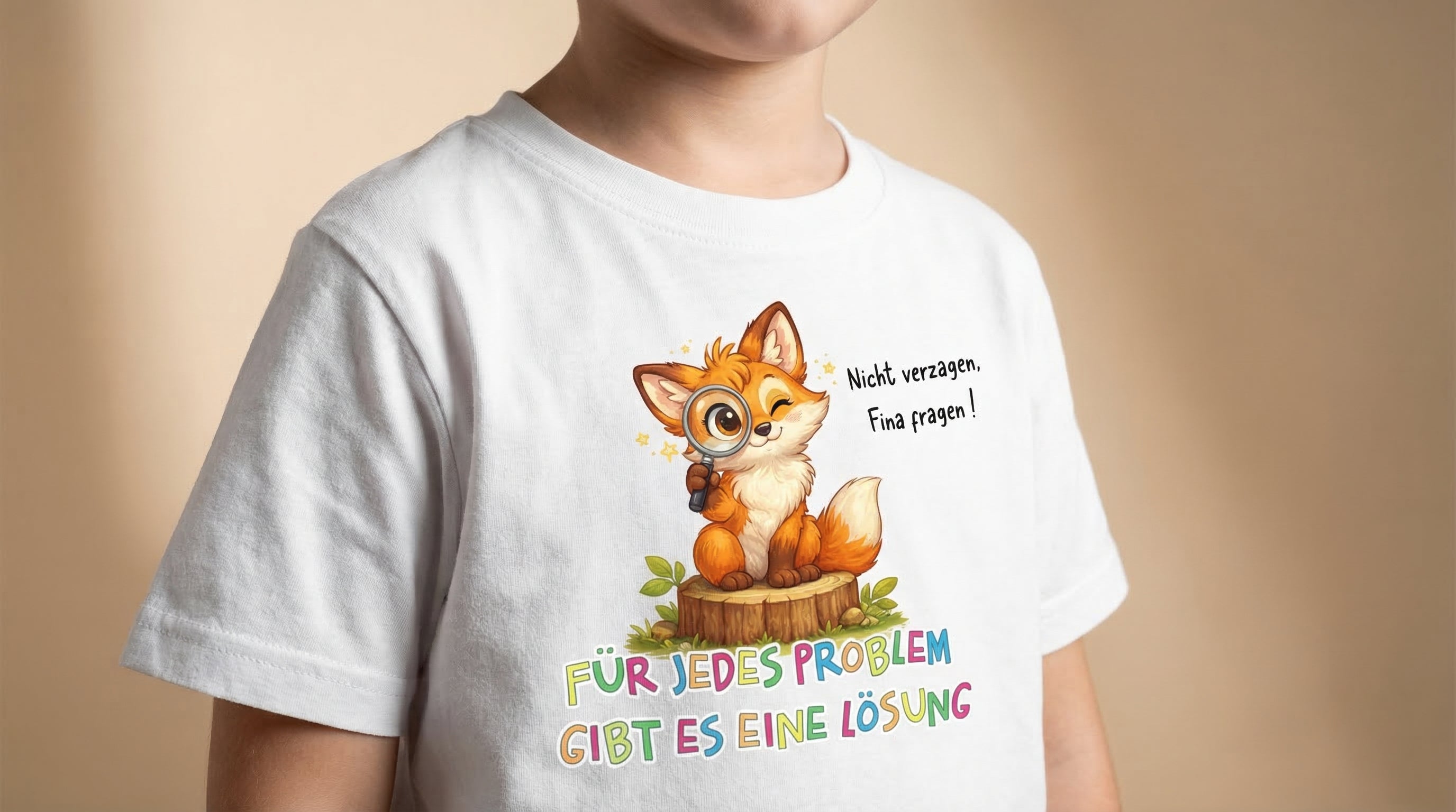 Detailaufnahme Fina Fuchs Print mit Schriftzug „Für jedes Problem gibt es eine Lösung“ auf Sinachtsam Kinder T-Shirt