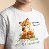 Detailaufnahme Fina Fuchs Print mit Schriftzug „Für jedes Problem gibt es eine Lösung“ auf Sinachtsam Kinder T-Shirt