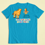 Kinder T-Shirt blau mit Gina der Giraffe und Affirmation „Ich entdecke neue Wege“ – Sinachtsam Kinder Kleidung mit positivem Glaubenssatz