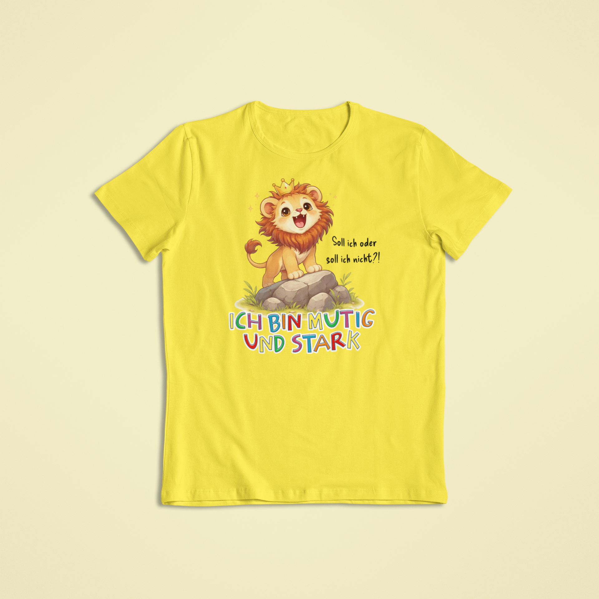 Kinder T-Shirt gelb mit Lio dem Löwen und Affirmation „Ich bin mutig und stark“ – Sinachtsam Affirmationsmode für Kinder