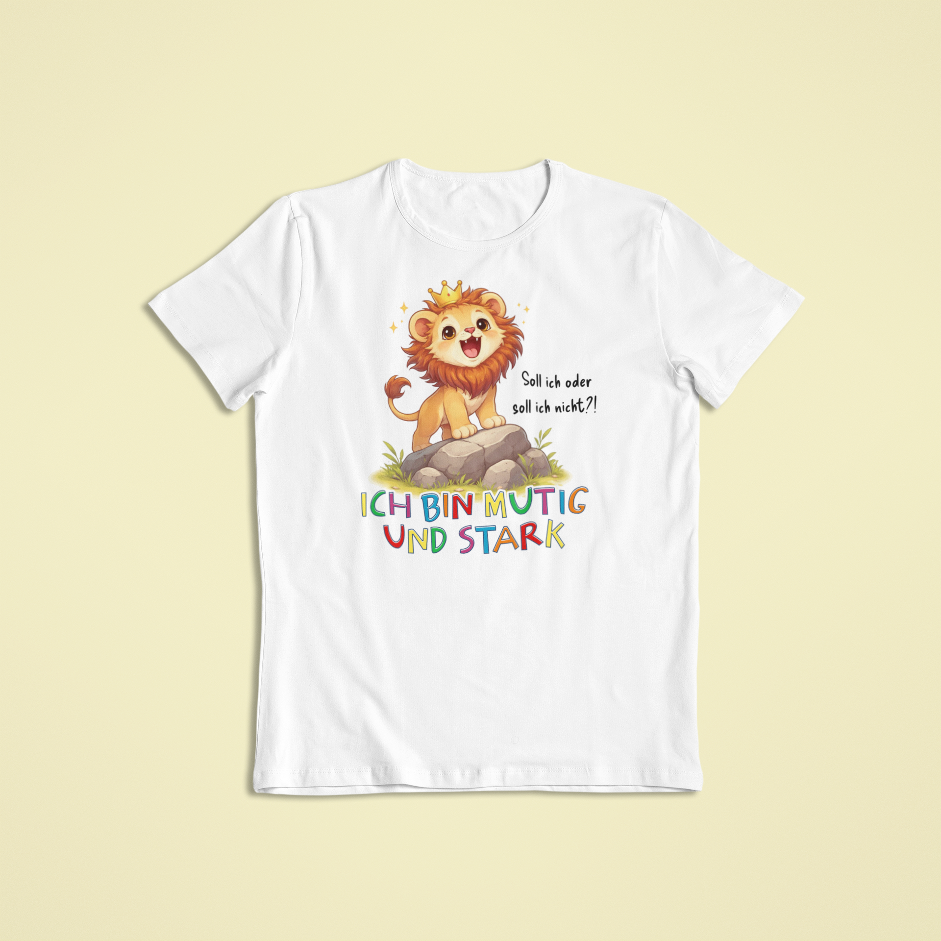 Kinder T-Shirt weiß mit Lio dem Löwen und Affirmation „Ich bin mutig und stark“ – Sinachtsam Kinder Affirmations Kleidung