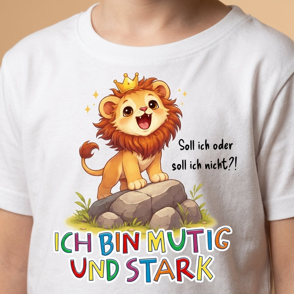 Detailaufnahme Löwe Lio Print mit Affirmation „Ich bin mutig und stark“ auf Sinachtsam Kinder T-Shirt
