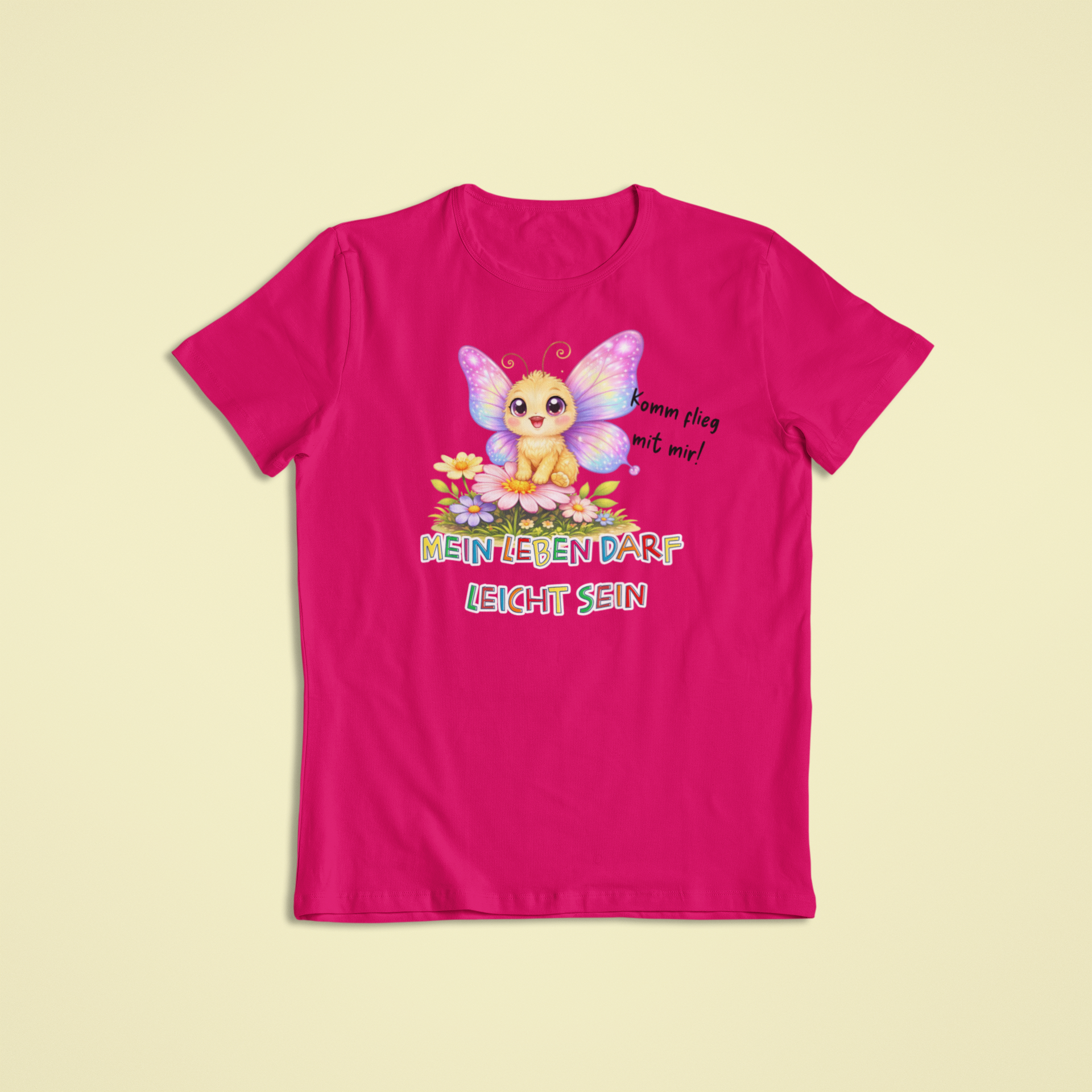 Fuchsia Kinder T-Shirt mit Lumi dem Schmetterling und Affirmation „Mein Leben darf leicht sein“ – Sinachtsam Affirmationsmode