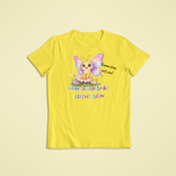Kinder T-Shirt gelb mit Lumi dem Schmetterling und Affirmation „Mein Leben darf leicht sein“ – Sinachtsam Affirmationskleidung für Kinder