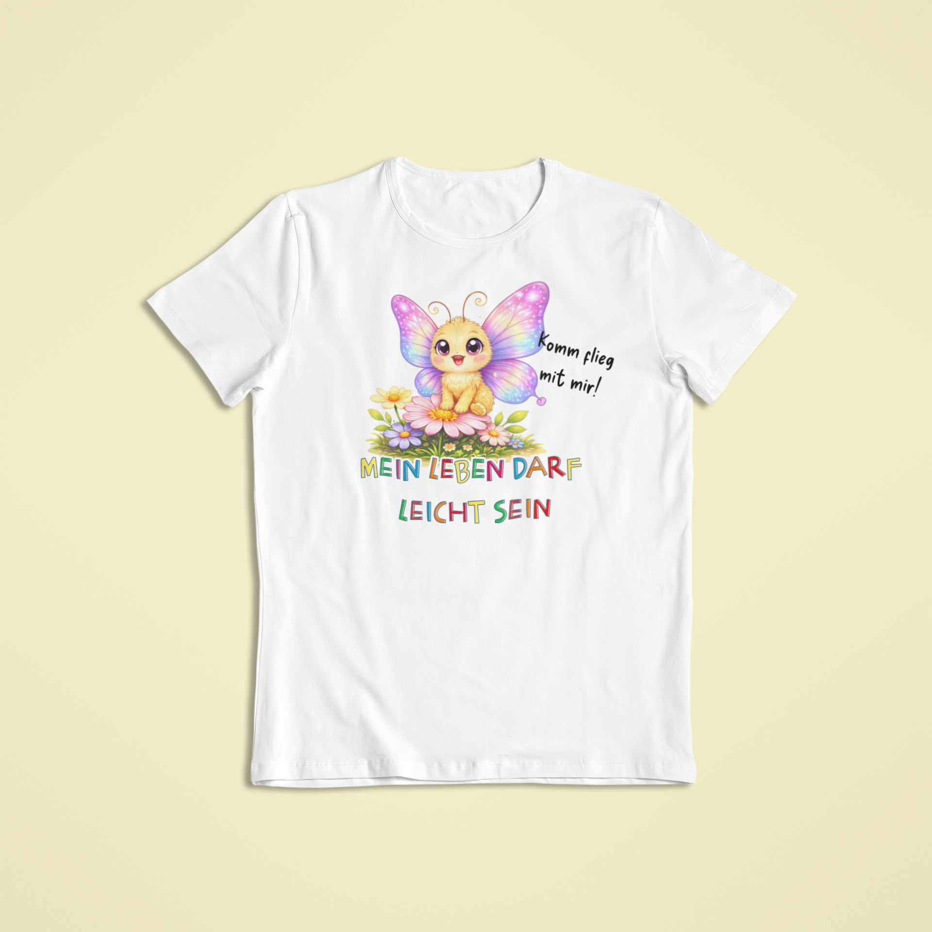 Weißes Kinder T-Shirt mit Lumi dem Schmetterling und Affirmation „Mein Leben darf leicht sein“ – Sinachtsam Achtsamkeits Kleidung für Kinder