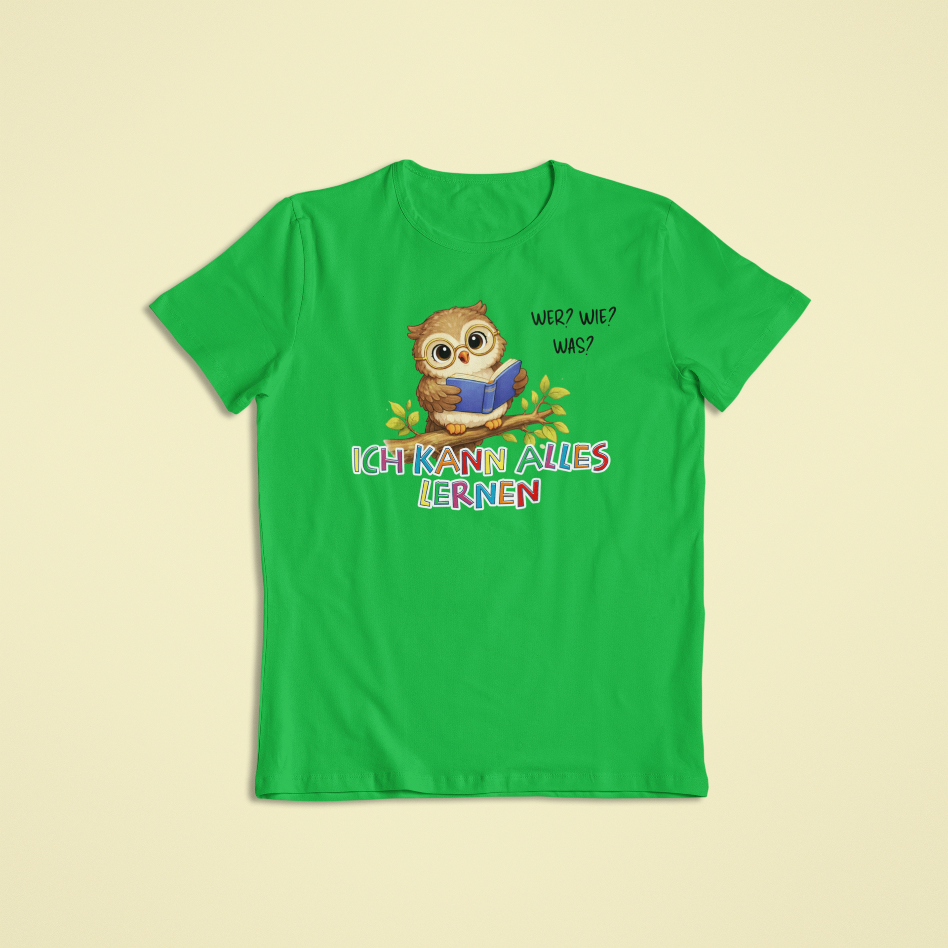 Kinder T-Shirt grün mit Olli der Eule und Affirmation „Ich kann alles lernen“ – Sinachtsam Kinder Kleidung mit positivem Glaubenssatz