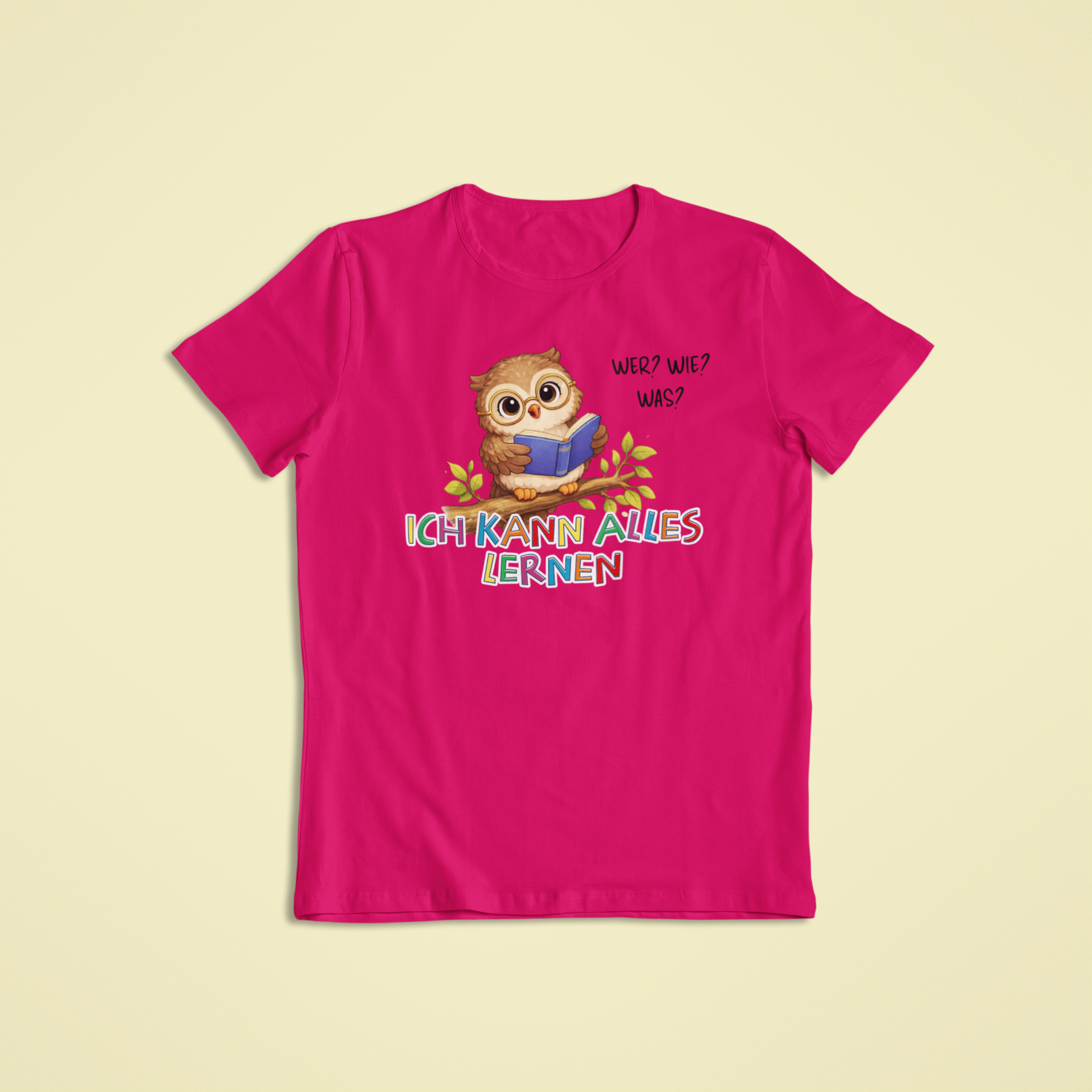 Kinder T-Shirt magenta mit Olli der Eule und Affirmation „Ich kann alles lernen“ – Affirmations Kleidung für neugierige Kinder