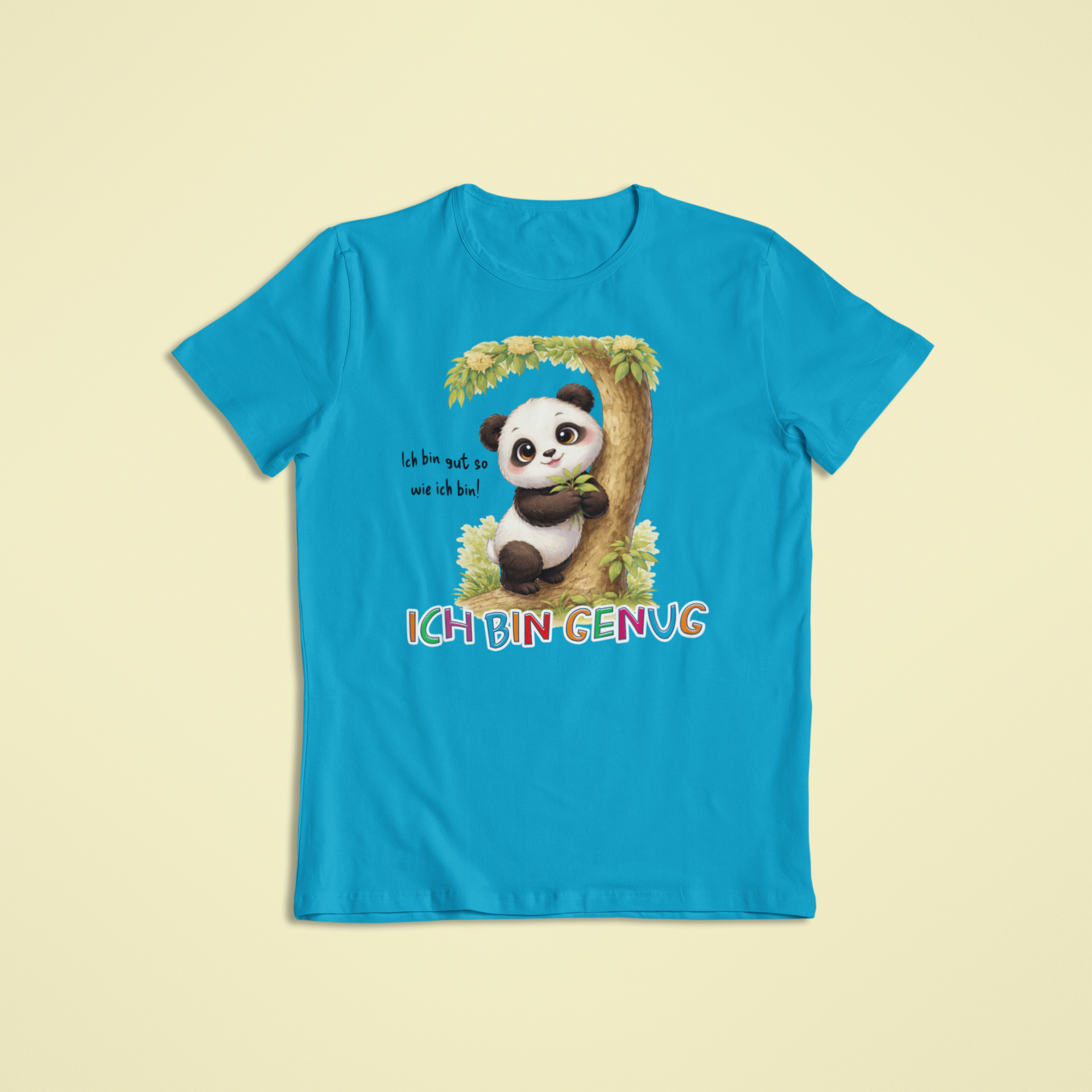 Kinder T-Shirt atollblau mit Pako dem Panda und Affirmation „Ich bin genug“ – Sinachtsam Affirmations Kleidung für Kinder