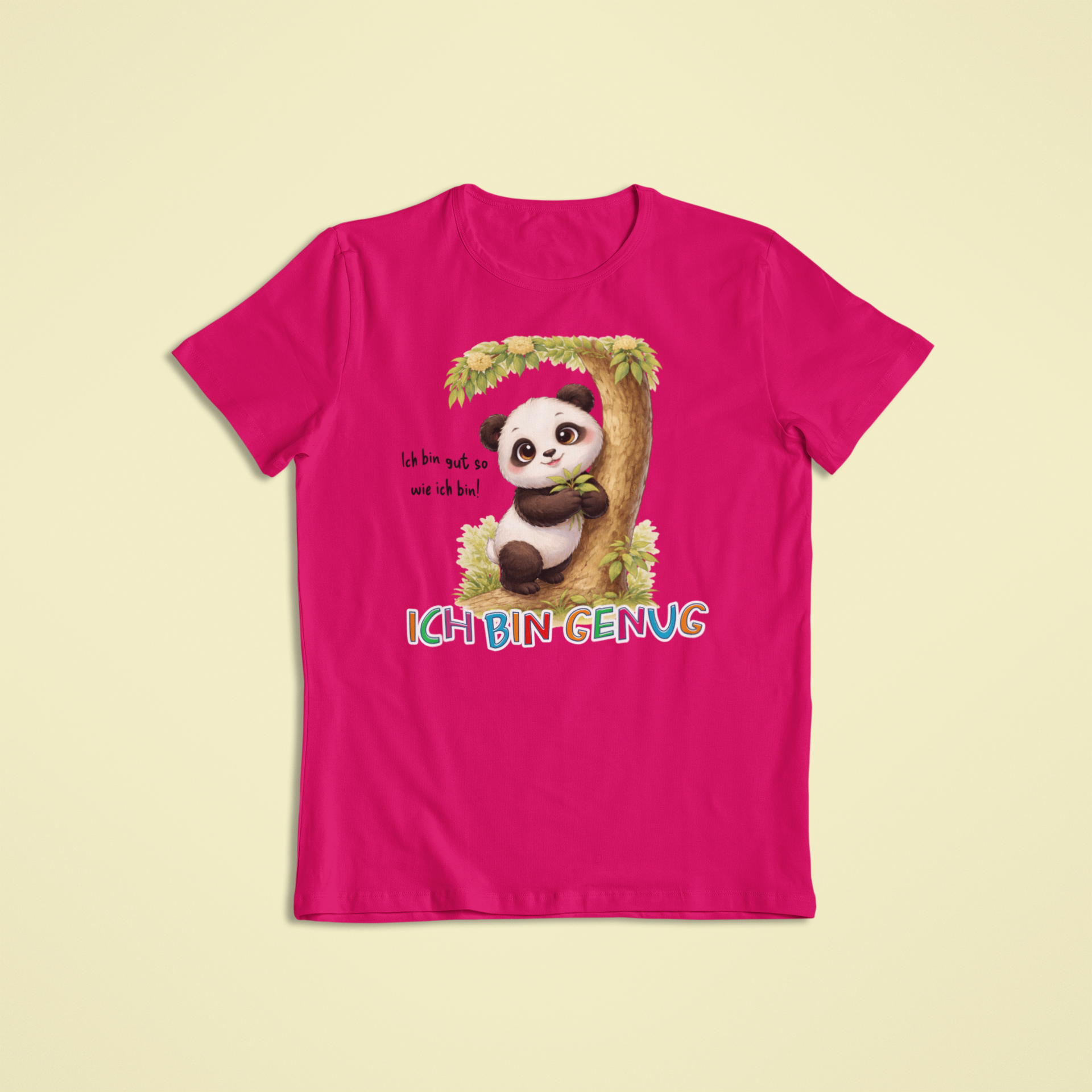 Kinder T-Shirt fuchsia mit Pako dem Panda und Affirmation „Ich bin genug“ – Sinachtsam Kinder Affirmationsmode
