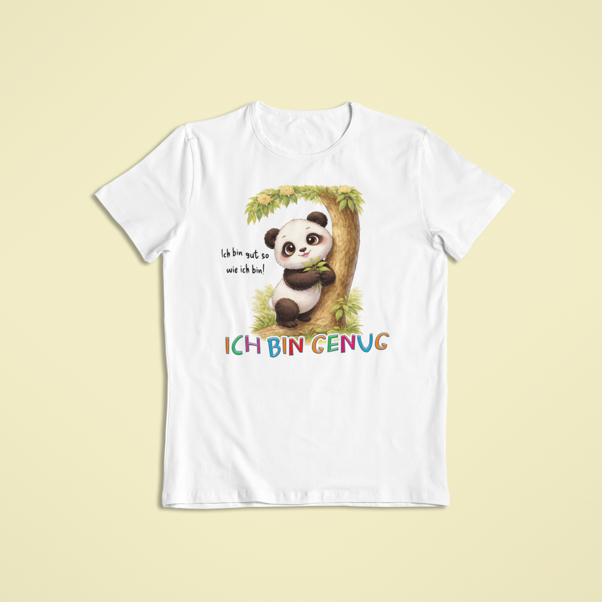 Kinder T-Shirt weiß mit Pako dem Panda und Affirmation „Ich bin genug“ – Sinachtsam Achtsamkeits Kleidung für Kinder