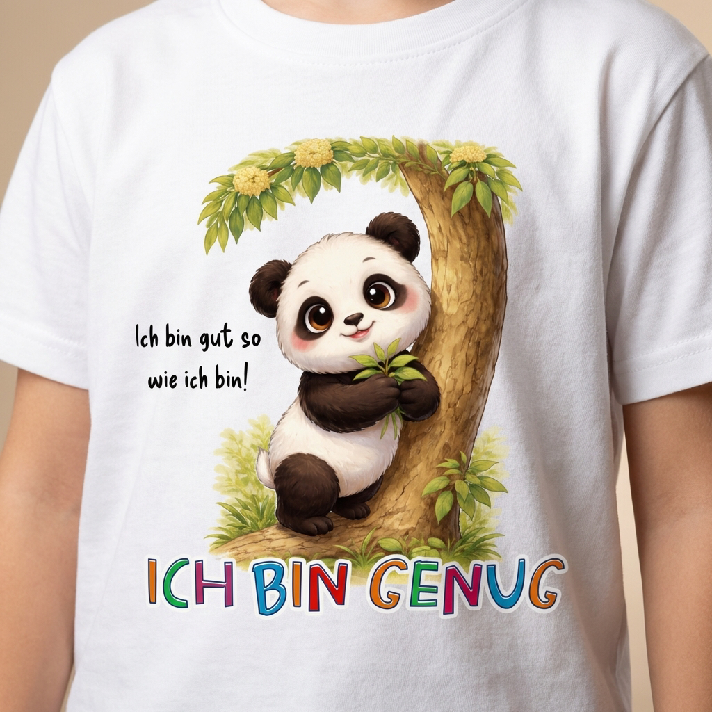 Detailaufnahme Panda Pako Print mit Affirmation „Ich bin genug“ auf Sinachtsam Kinder T-Shirt