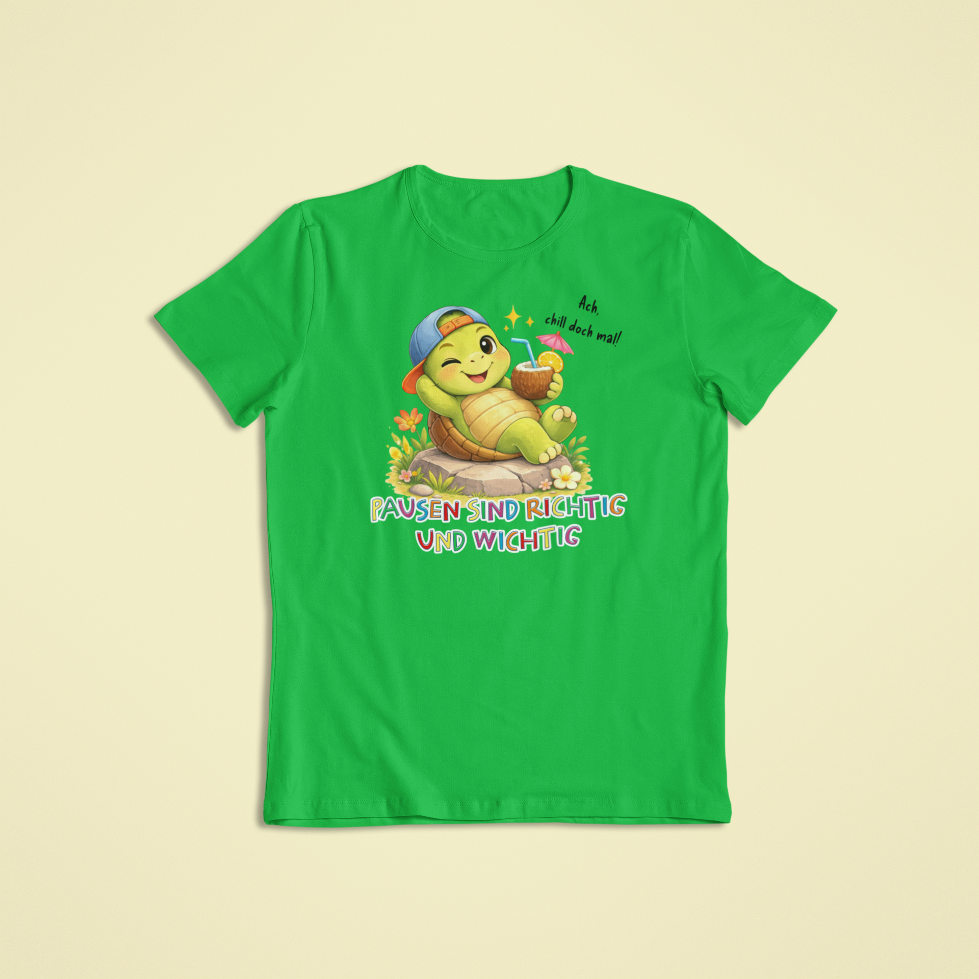 Kinder T-Shirt grün mit Timo der Schildkröte und Affirmation „Pausen sind richtig und wichtig“ – Kinder Kleidung mit positivem Glaubenssatz