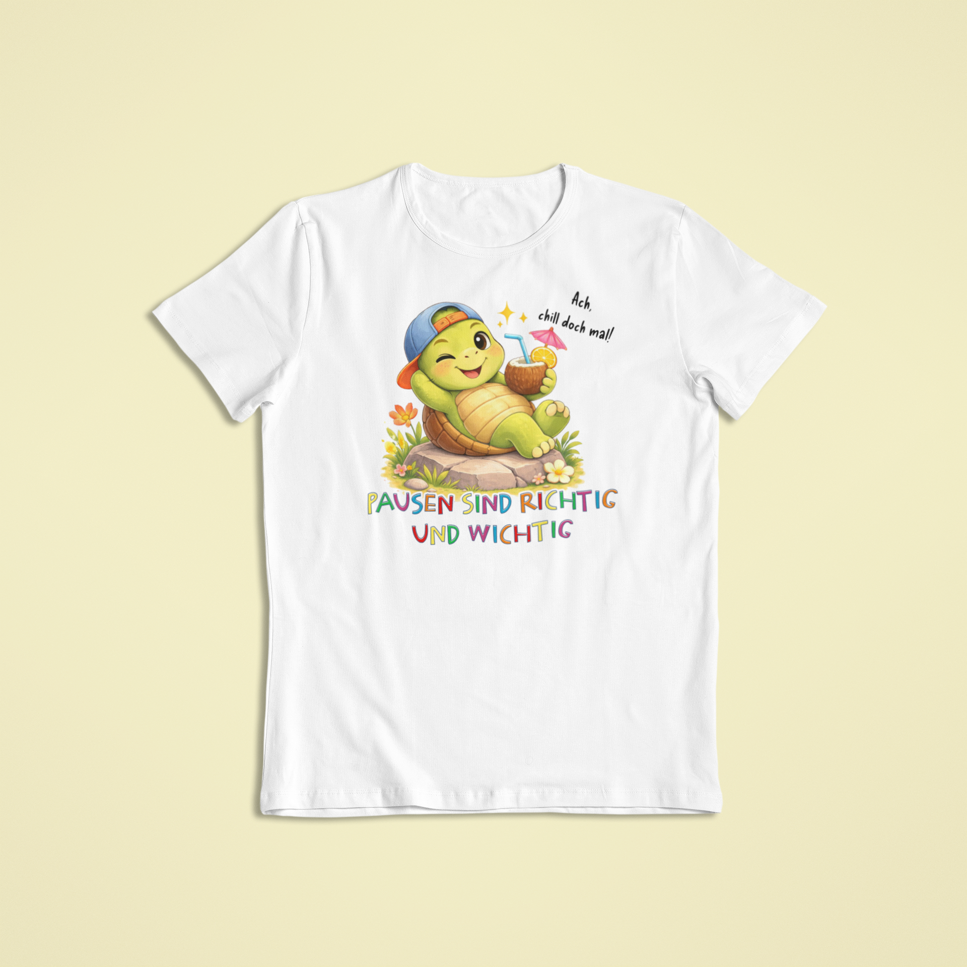 Kinder T-Shirt weiß mit Timo der Schildkröte und Affirmation „Pausen sind richtig und wichtig“ – Sinachtsam Kinder Affirmations Kleidung