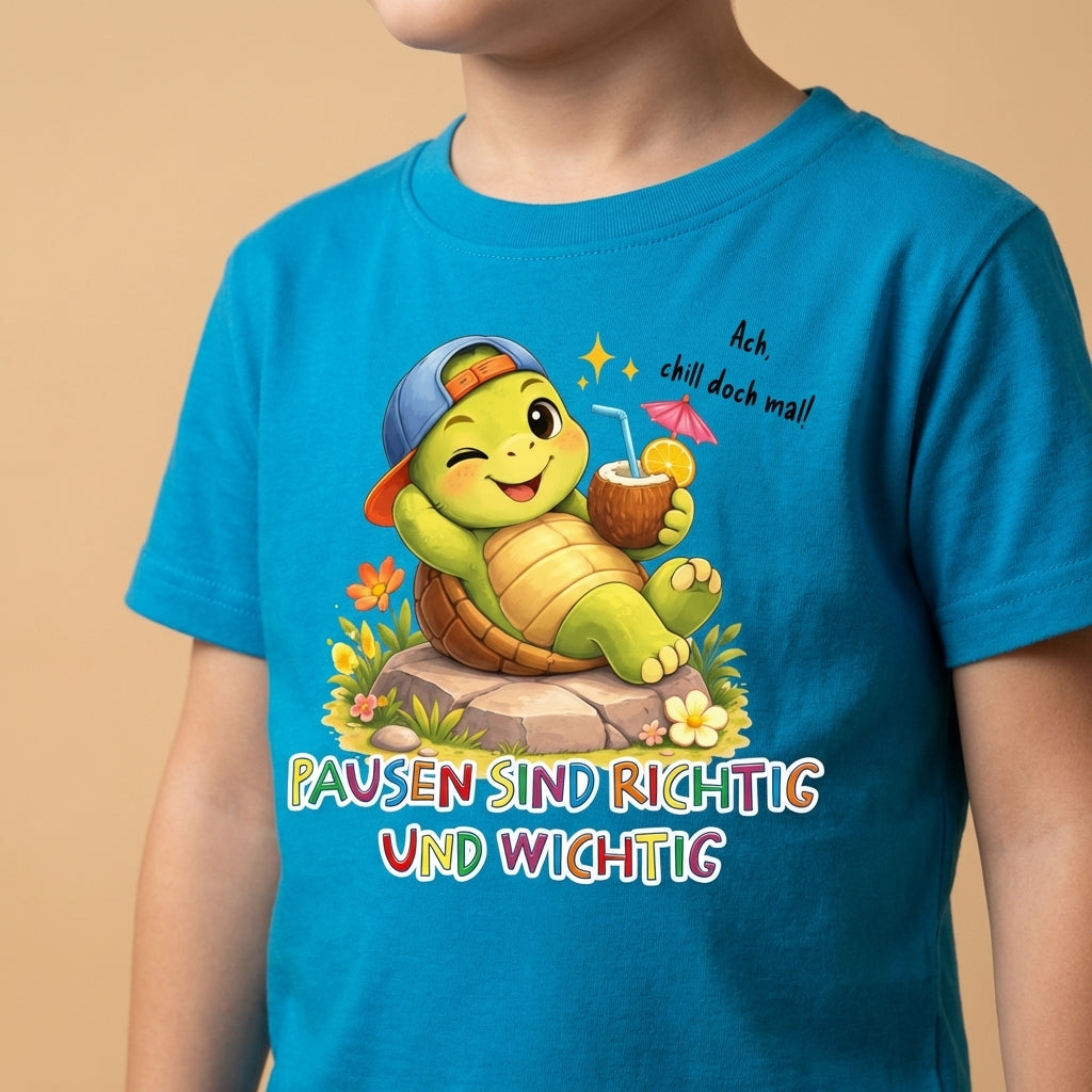 Detailaufnahme Schildkröte Timo Print mit Affirmation „Pausen sind richtig und wichtig“ auf Sinachtsam Kinder T-Shirt