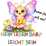 Lumi der Schmetterling Illustration mit Blumen und Affirmation „Mein Leben darf leicht sein“ – Sinachtsam Tierfreunde Design