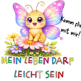 Lumi der Schmetterling Illustration mit Blumen und Affirmation „Mein Leben darf leicht sein“ – Sinachtsam Tierfreunde Design