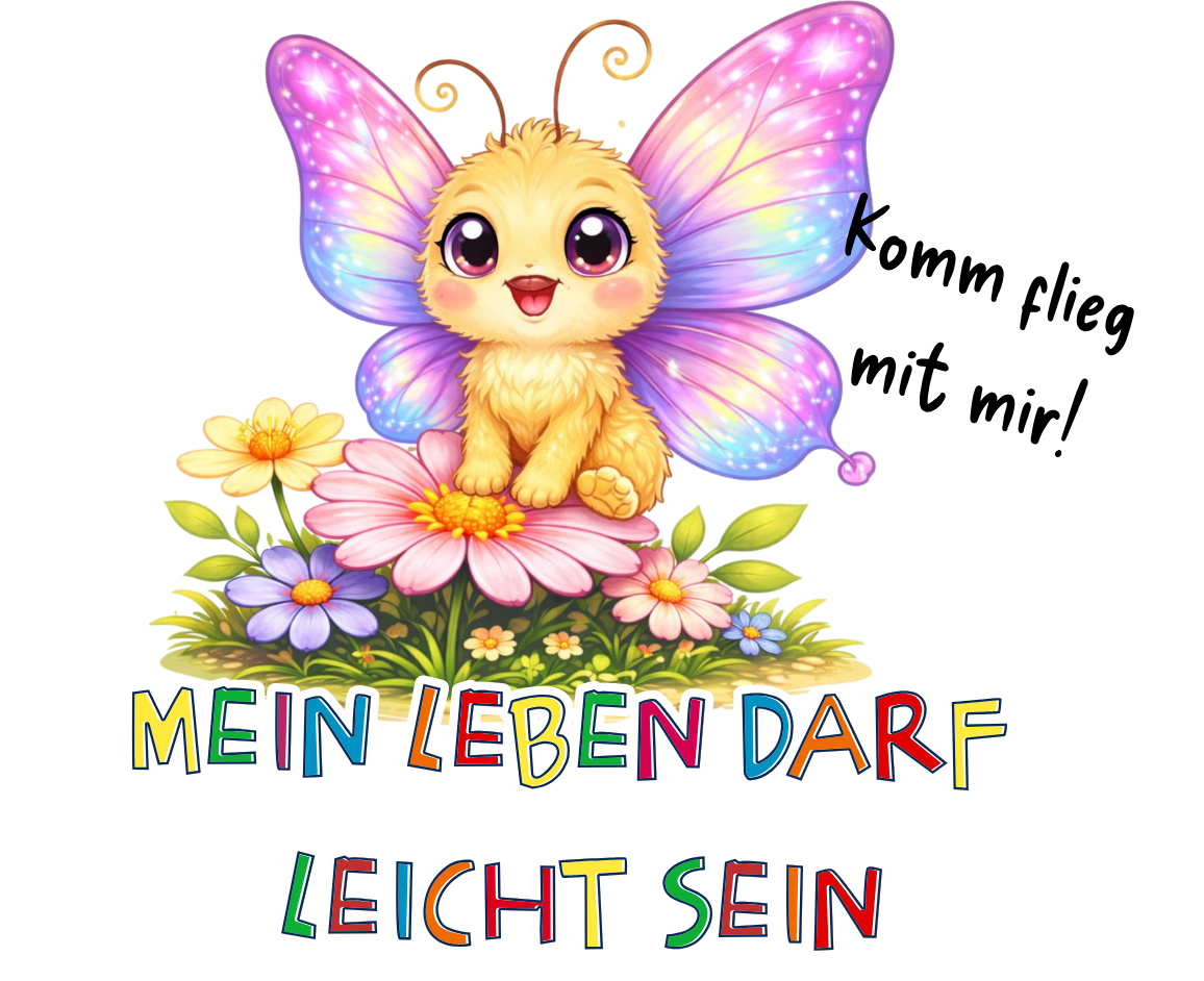 Lumi der Schmetterling Illustration mit Blumen und Affirmation „Mein Leben darf leicht sein“ – Sinachtsam Tierfreunde Design