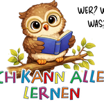 Olli die Eule Illustration mit Buch und Affirmation „Ich kann alles lernen“ – Sinachtsam Tierfreunde Design