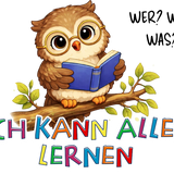 Olli die Eule Illustration mit Buch und Affirmation „Ich kann alles lernen“ – Sinachtsam Tierfreunde Design
