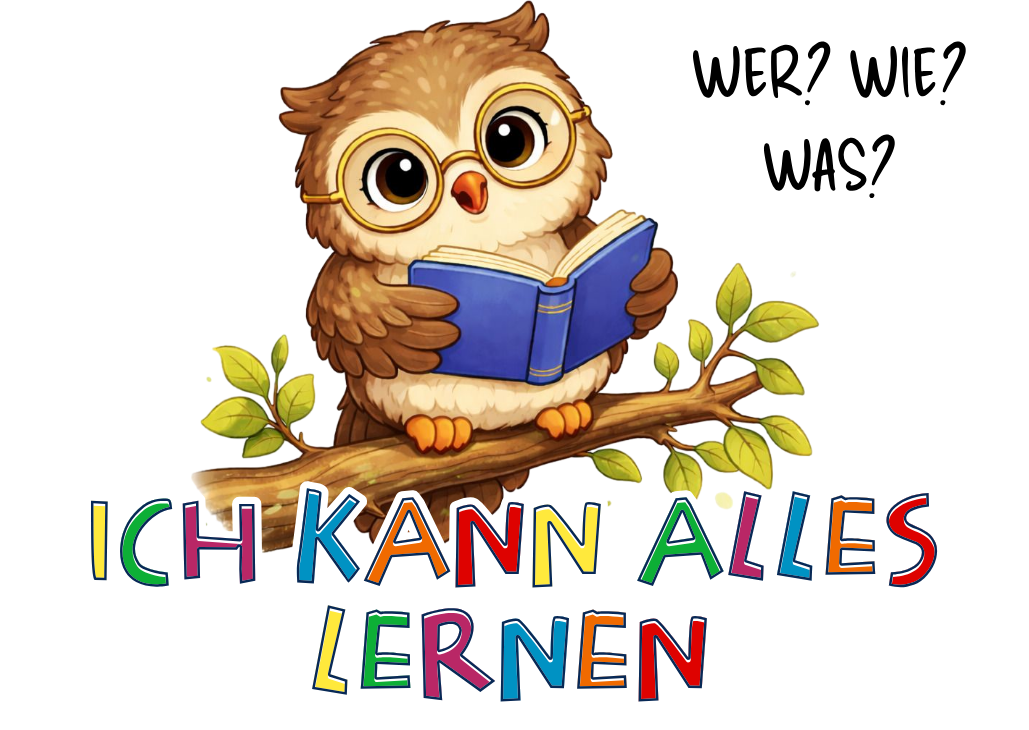 Olli die Eule Illustration mit Buch und Affirmation „Ich kann alles lernen“ – Sinachtsam Tierfreunde Design