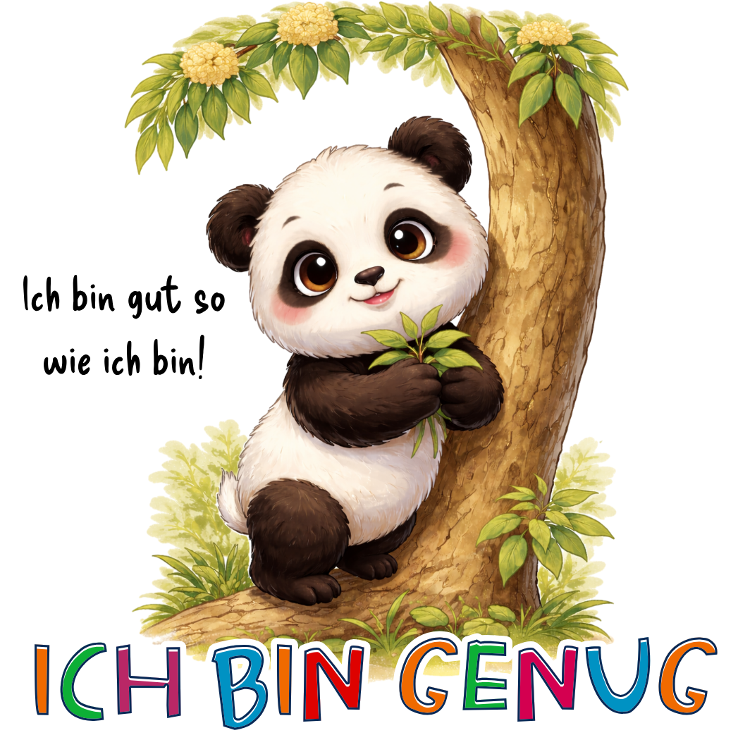 Pako der Panda Illustration mit Affirmation „Ich bin genug“ – Sinachtsam Tierfreunde Design für Kinder