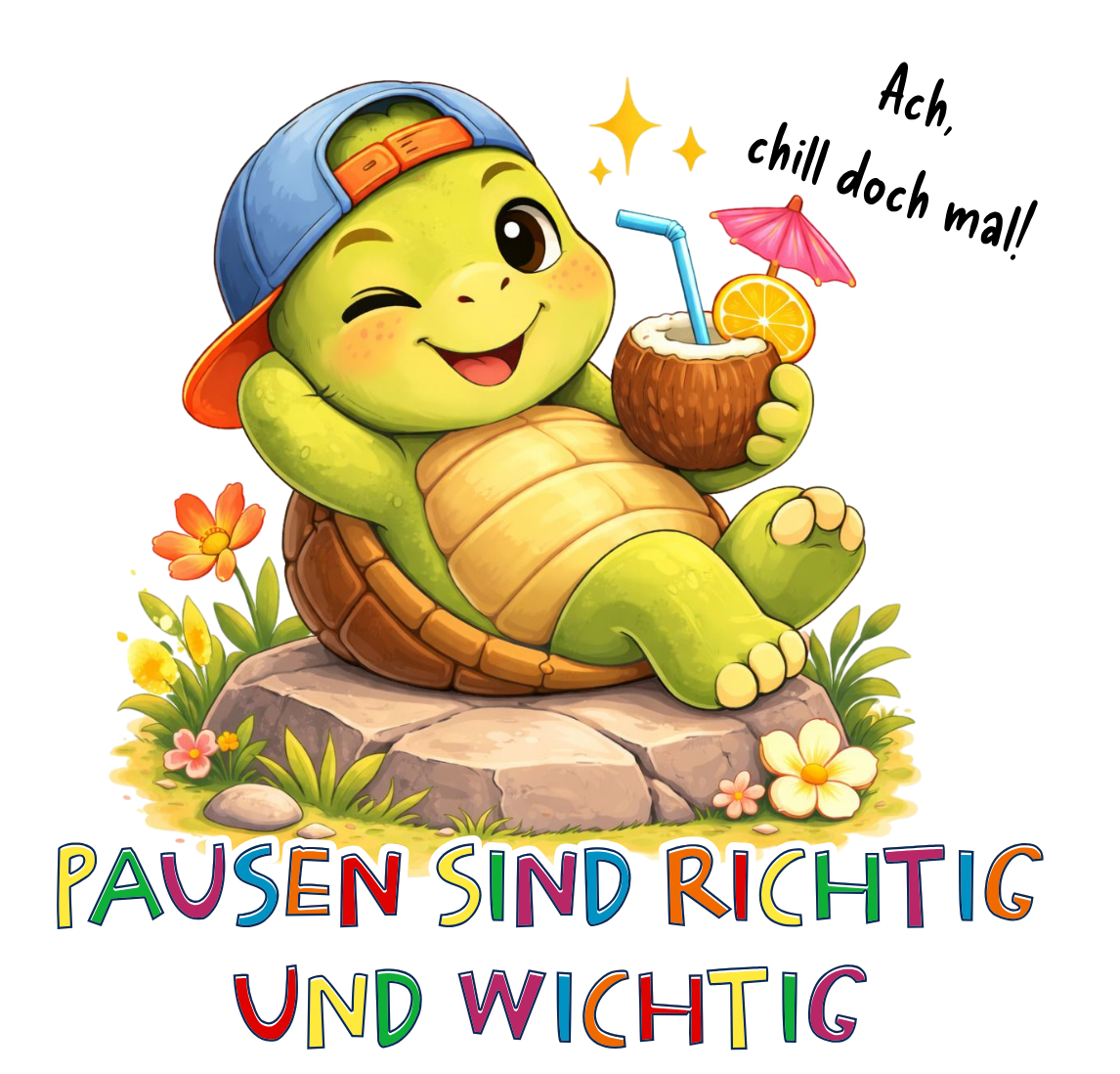 Timo die Schildkröte Illustration mit Affirmation „Pausen sind richtig und wichtig“ – Sinachtsam Tierfreunde Design