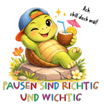 Timo die Schildkröte Illustration mit Affirmation „Pausen sind richtig und wichtig“ – Sinachtsam Tierfreunde Design