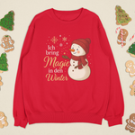 Roter Bio-Sweater mit Schneemann und goldener Schrift „Ich bring Magie in den Winter“ – festlich & achtsam