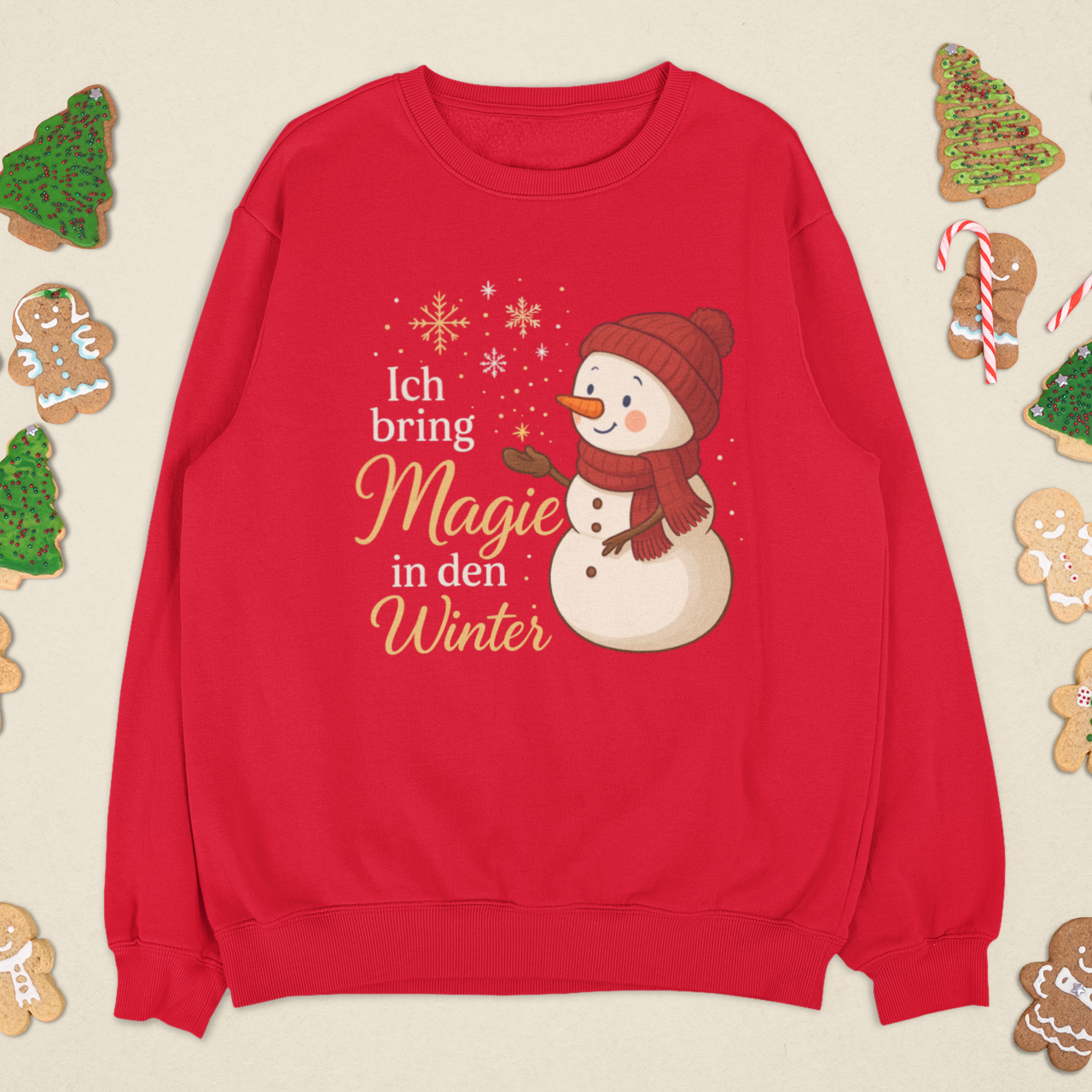 Roter Bio-Sweater mit Schneemann und goldener Schrift „Ich bring Magie in den Winter“ – festlich & achtsam