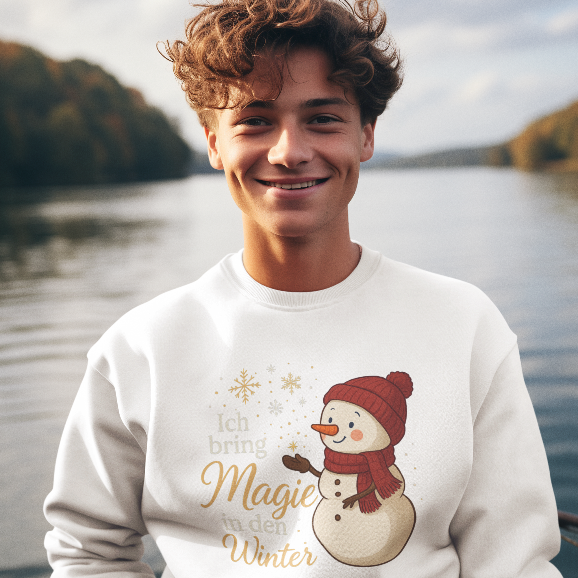 Junger Mann trägt ein weißes Weihnachtssweatshirt mit einem süßen Schneemann und dem Schriftzug „Ich bring Magie in den Winter“, aufgenommen vor einem See im herbstlichen Licht.