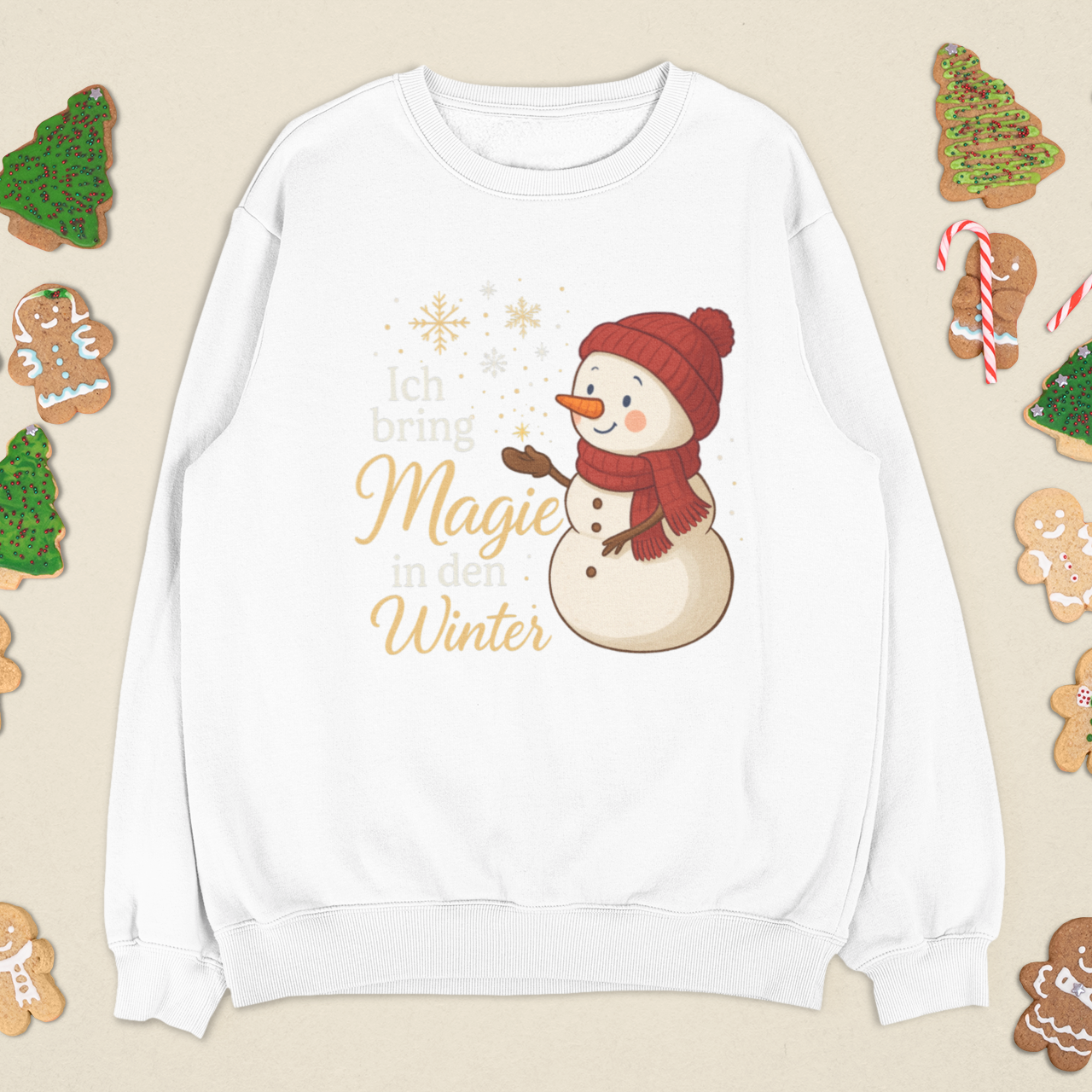 Weißes Sweatshirt mit Schneemann-Motiv und Schriftzug „Ich bring Magie in den Winter“ – liebevolles Weihnachtsdesign.