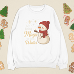 Weißes Sweatshirt mit Schneemann-Motiv und Schriftzug „Ich bring Magie in den Winter“ – liebevolles Weihnachtsdesign.