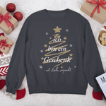 Dunkelblaues Weihnachtssweatshirt mit goldenem Tannenbaum-Design und dem Schriftzug „Ich bin ein Geschenk – mit Liebe verpackt“ – achtsame Weihnachtsmode von Sinachtsam.