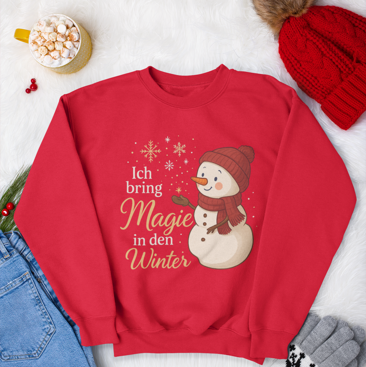 Rotes Weihnachtssweatshirt mit fröhlichem Schneemann und goldener Aufschrift „Ich bring Magie in den Winter“ – liebevoll gefertigt im Sinachtsam-Shop.