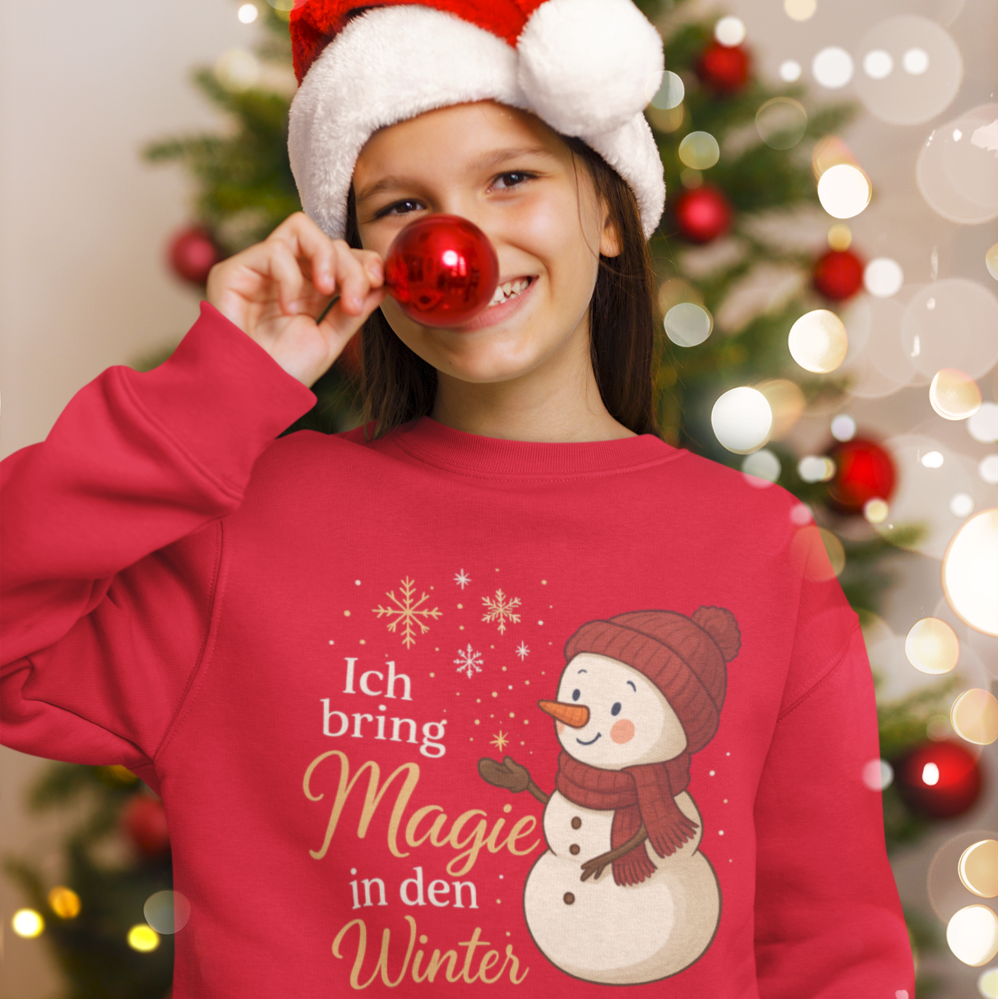 Mädchen trägt ein rotes Weihnachtssweatshirt mit Schneemann-Motiv und dem Satz „Ich bring Magie in den Winter“ – festliche Kinderkleidung von Sinachtsam.