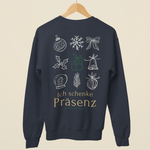 Dunkelblaues Weihnachtssweatshirt mit großem Backprint Ich schenke Präsenz, verziert mit weihnachtlichen Line-Art-Symbolen.