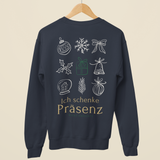 Dunkelblaues Weihnachtssweatshirt mit großem Backprint Ich schenke Präsenz, verziert mit weihnachtlichen Line-Art-Symbolen.