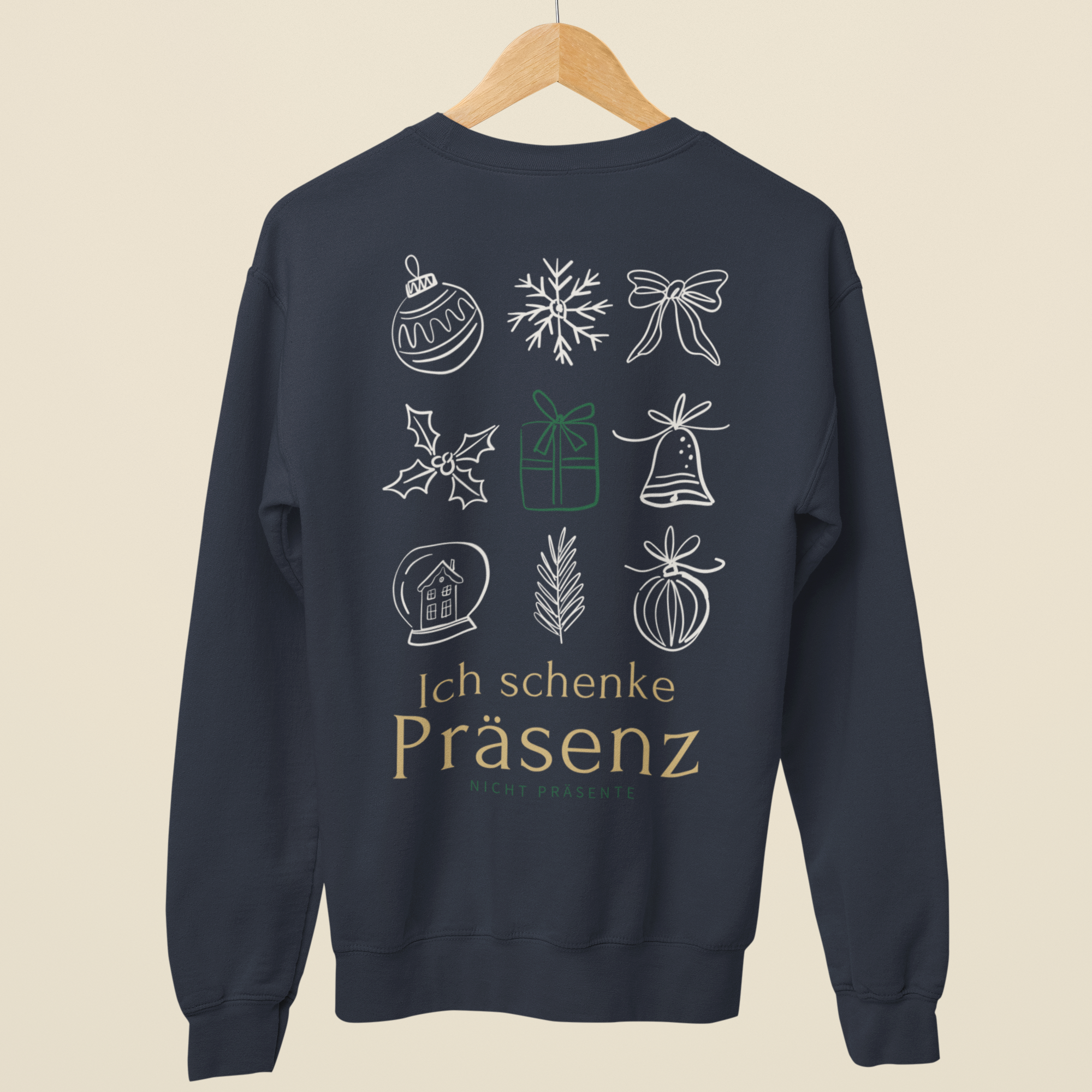 Dunkelblaues Weihnachtssweatshirt mit großem Backprint Ich schenke Präsenz, verziert mit weihnachtlichen Line-Art-Symbolen.