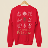 Rotes Weihnachtssweatshirt mit großem Backprint Ich schenke Präsenz und illustrativen Weihnachtssymbolen.