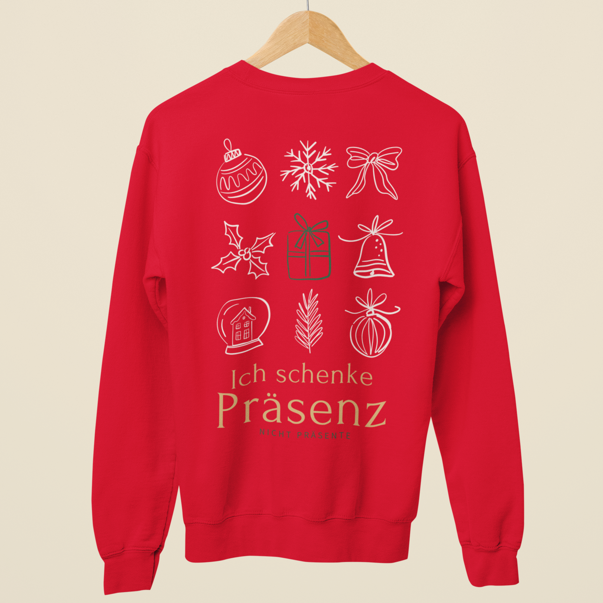 Rotes Weihnachtssweatshirt mit großem Backprint Ich schenke Präsenz und illustrativen Weihnachtssymbolen.
