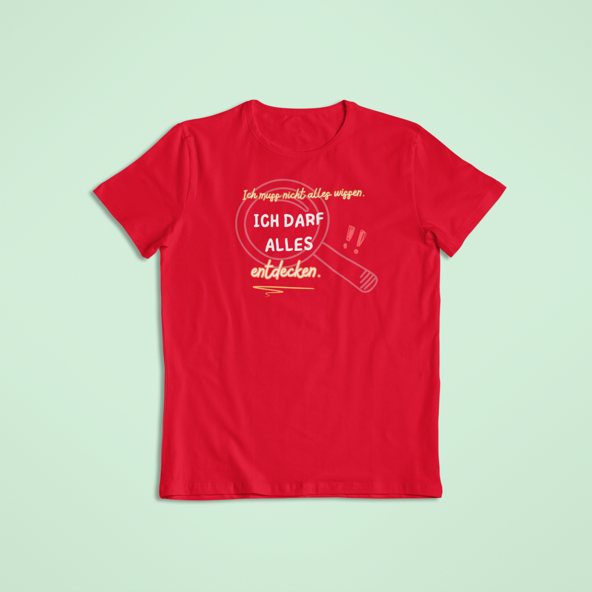 T-Shirt in Rot mit dem Aufdruck: Ich darf alles entdecken – Einschulungskollektion von Sinachtsam